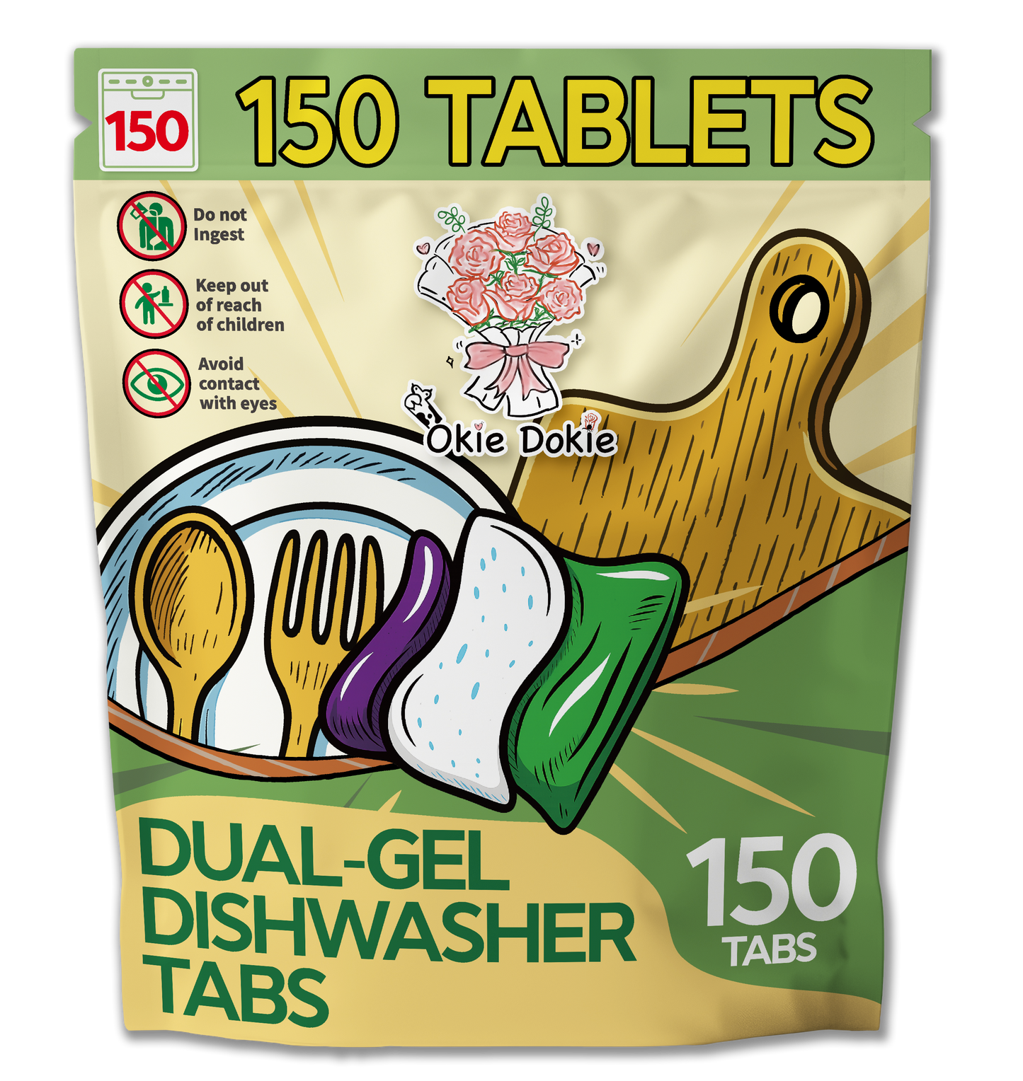 Okie Dokie™ Dual-Gel Dishwasher Tabs - 150 Tablets - Sparkling Clean - Glass Safe